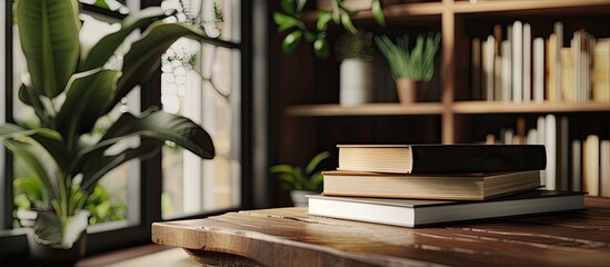 Wall Mural - Chic book holder displayed on a wooden table in a room with copy space image.