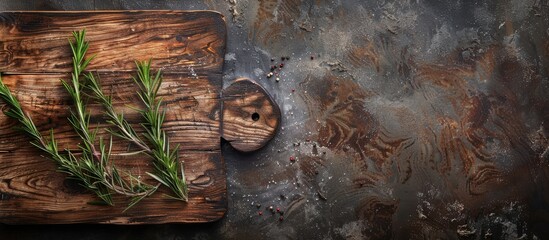 Poster - Rustic-style wooden background with a food cutting board showcasing an abstract texture, offering a composition ready for a copy space image.