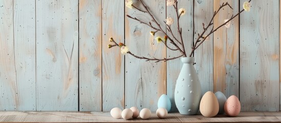 Sticker - Easter-themed decorations include various eggs and a vase with branches on a wooden backdrop in the copy space image.