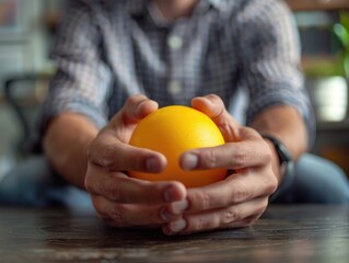 Wall Mural - A man is holding an orange in his hands. The orange is placed on a table. The man is wearing a blue shirt