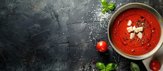 Wall Mural - Tomato soup homemade topped with fresh cheese, blank background space for text and images available. Copy space image. Place for adding text and design