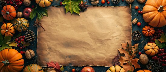Wall Mural - top-down view of a thanksgiving pumpkin harvest with a blank paper for copy space image.