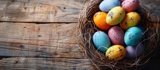 Sticker - Multicolored eggs in a paper nest on wood with copy space image.