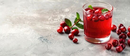 Canvas Print - Glass of delicious cranberry juice with fresh berries on a light grey table, suitable for text placement in the image. Copy space image. Place for adding text and design