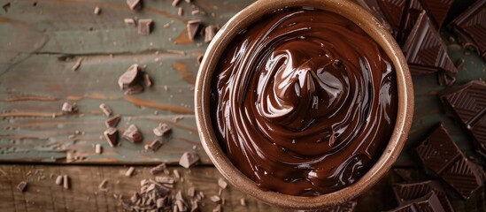 Sticker - Close-up of a delectable chocolate cream being whipped in a bowl on a wooden table with room for text around the image-area. Copy space image. Place for adding text and design