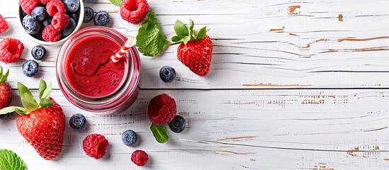 Poster - A mason jar containing a berry smoothie, fresh ingredients, placed on a white wooden table, with space available for text. Copy space image. Place for adding text and design