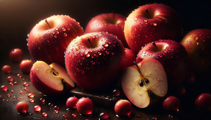 A still life with red apples and cranberries arranged on a wooden surface with water droplets, soft lighting, with dramatic shadow