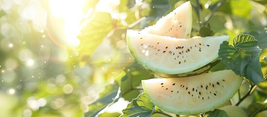 Wall Mural - Farm-grown white watermelon set against a blurred background, featuring a focused image with ample copy space for text integration.