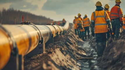 Workers in safety gear inspecting a large pipeline construction site during daytime, showcasing industrial work and safety protocols.