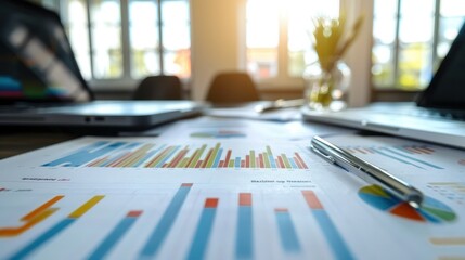 financial reports and pen on an office desk with a laptop and blurred background, showcasing busines