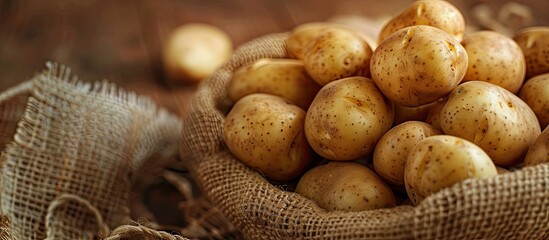 Sticker - Close-up of potatoes on a bag with a brown background, a clear copy space image.