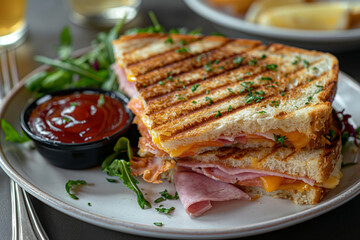 Wall Mural - A sandwich with ham and cheese is on a plate with a side of ketchup