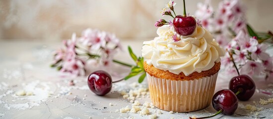 Delicious cupcake adorned with whipped cream, cherries, and flowers on top, creating a beautiful and appetizing copy space image.