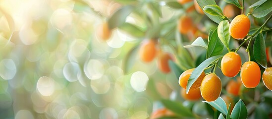 Canvas Print - Close-up image of a kumquat tree with ripe fruits outdoors, providing space for adding text. Copy space image. Place for adding text and design