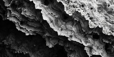 Wall Mural - A black and white photo of a rock formation with a lot of holes. The photo has a moody and mysterious feel to it