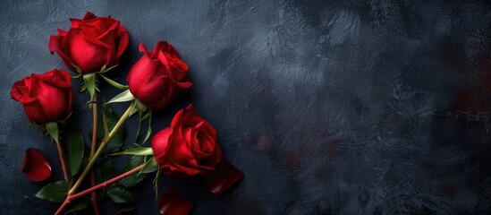 Poster - Valentine's Day card featuring red roses against a dark backdrop with copy space image.