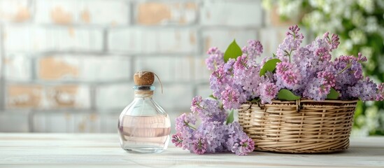 Sticker - Perfume bottle and lilac flowers in a basket on a table with a light brick wall in the background, creating a serene copy space image.