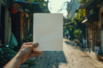 A hand holding a white piece of paper in front of a building. The scene is set in a city, with a street and buildings in the background