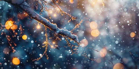 Wall Mural - A branch covered in snow with a light shining on it. The light is creating a beautiful and serene atmosphere