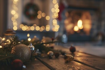 Sticker - A table is covered with Christmas decorations, including a wreath and a lit fireplace. The scene is warm and cozy, with the fire providing a sense of comfort