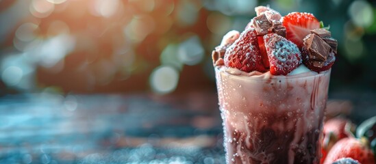 Canvas Print - Chocolate beverage topped with frozen strawberries on a milk froth, displayed against a natural backdrop with copy space image.