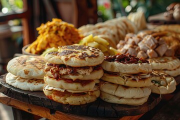 Wall Mural - A table full of food, including a variety of sandwiches and wraps. Scene is inviting and delicious