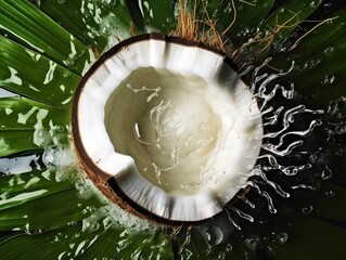 Canvas Print - A coconut is in a pool of water, with the water splashing out of the coconut. The image has a playful and lighthearted mood, as it seems to be a fun