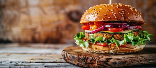 Sticker - Copy space image showcasing a vegan zucchini burger with fresh ingredients, set against a rustic wood backdrop.