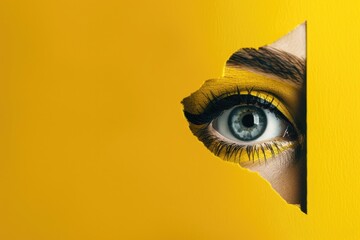 Wall Mural - A woman's eye is shown through a yellow paper cutout. The eye is blue and the woman has yellow eyeliner. The image has a playful and whimsical mood, as the woman's eye is cut out of the paper