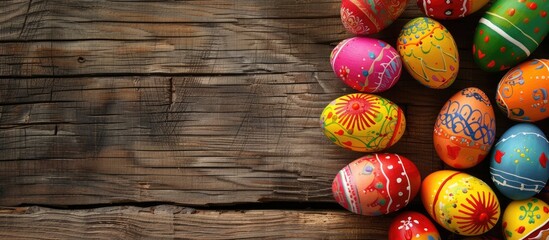 Wall Mural - Colorful hand-painted Easter eggs featuring vibrant hues displayed on a wooden surface with copy space image.