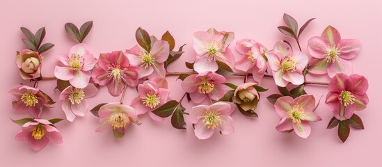 Poster - Stunning hellebore flowers arranged elegantly in a flat lay style over a pink background, creating a visually appealing copy space image.