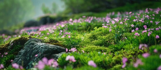 Poster - Stunning view of moss phlox in Hokkaido with beautiful flowers, offering a serene atmosphere with a copy space image.