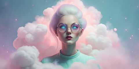 Wall Mural - Art woman with white hair in glasses and in pastel pink clouds