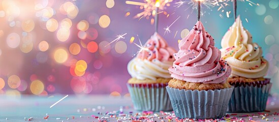 Poster - Delicious cupcakes with a sparkler on a colorful backdrop in a copy space image.