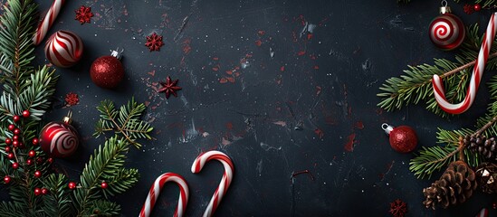 Poster - Top view of Christmas decorations like candy canes, baubles, and fir branches on a dark background, ideal for a copy space image.
