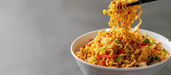 Poster - Fork up some delicious Indomie Goreng noodles for a meal with a copy space image.