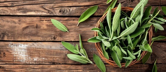 Poster - Fresh sage sprigs spilling from a basket on a wooden table as a flavoring and seasoning in cooking, displayed in an overhead view with copy space image.