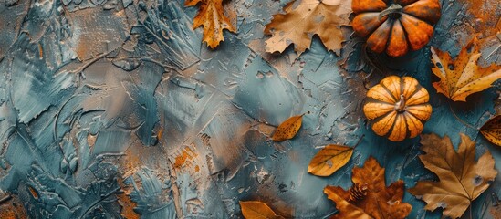 Canvas Print - Autumn-themed decoration featuring leaves and pumpkin on a stone backdrop, with a flat lay and top view perspective, leaving space for adding text or images. Copy space image