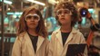 © Suphot - Two young children wearing lab coats and safety goggles in a science lab, holding a tablet, surrounded by advanced laboratory equipment.