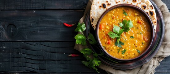 Canvas Print - Traditional Indian lentil soup, Masoor Dal or Dal Tadka curry served with homemade Chapati on rustic black wooden background with copy space image.