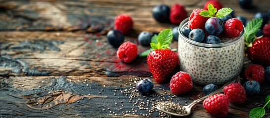 Sticker - Chia seeds vanilla pudding and berries displayed on a natural wooden backdrop with space for text or other images. Copy space image. Place for adding text and design