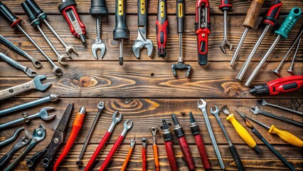 Stock photo of various repair tools such as screwdrivers, wrenches, and pliers on a workbench, toolbox, equipment, fix