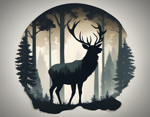 Wall Mural - A majestic stag silhouette with a forest scene layered inside. The image evokes a sense of nature and wonder.