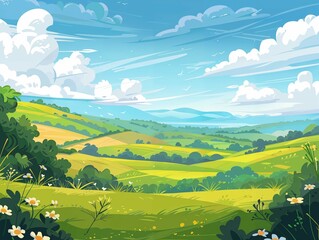 Whimsical illustration of a sunny rural landscape with rolling green hills, fluffy white clouds, and a bright blue sky.