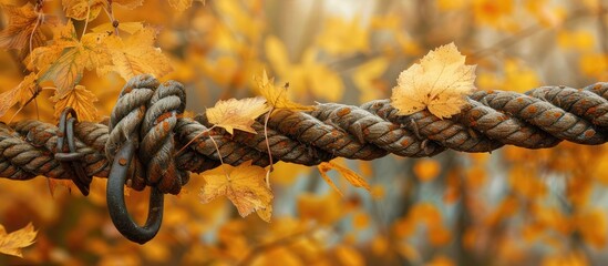 Wall Mural - Autumn's yellow leaves adorning a rope with a latch against an autumn backdrop with a copy space image.