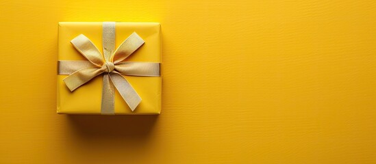 Sticker - Top-down view of gift box on yellow paper textures with copy space image.