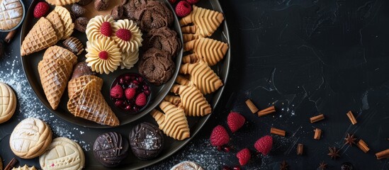 Wall Mural - A festive arrangement of cookies and cones on a baking tray set against a black backdrop, with ample copy space. Top view for a striking visual display.