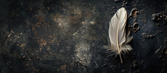 Poster - Feather on a black concrete background with copy space image available.