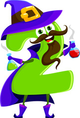 Aufkleber - Cartoon Halloween math number two wizard character. Child education number funny sorcerer Halloween mascot, mathematics numeric symbol wizard or mage isolated vector cute personage with magic potions