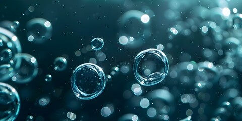 Wall Mural - Dark background with bubbles floating in water. Concept Underwater Photography, Bubble Art, Dark Backgrounds, Water Reflections